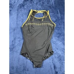 Vintage Wms Swimsuit One Piece Black Mesh Gold Trim  Pacific Connections‎